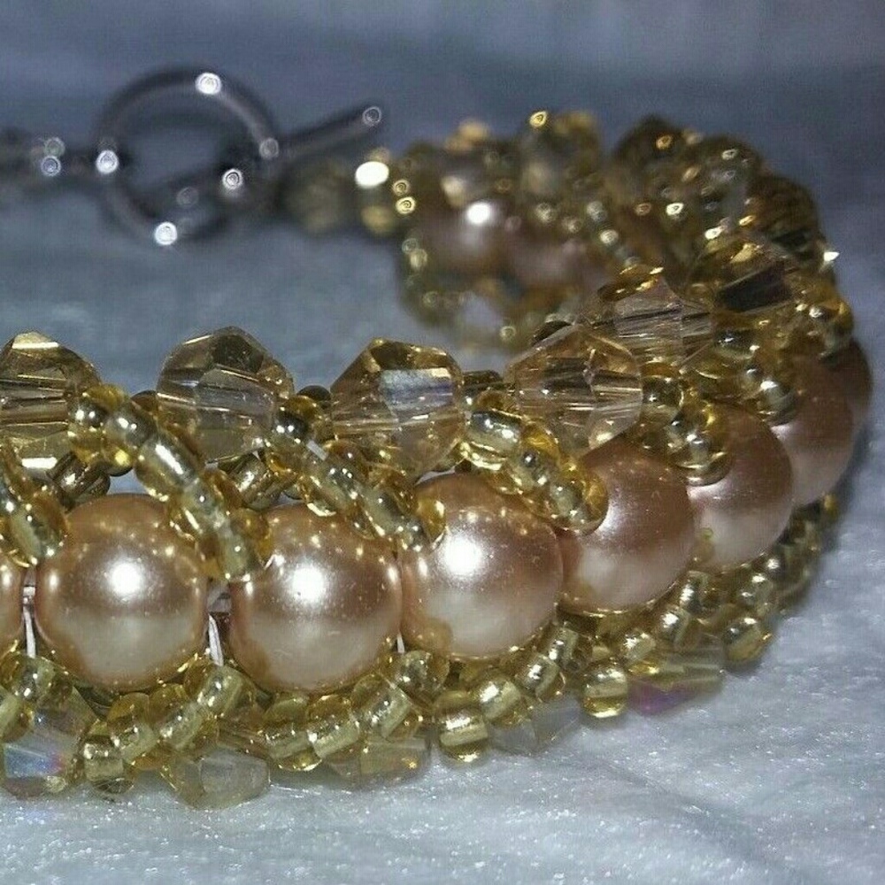 7.5" Spiral Seed Bead Bracelet Champagne Jewelry Handcrafted / Donation